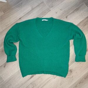 NRBY Alpaca Blend Oversized Green V Neck Sweater Womens One Size Cozy Knit